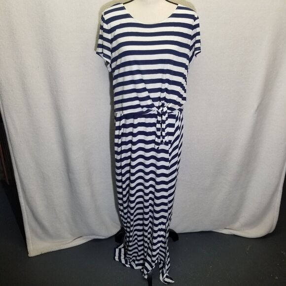 Chicos 3 (XL) Dress Maxi Navy Blue White Striped Jersey Nautical Coastal Comfort - Picture 1 of 9